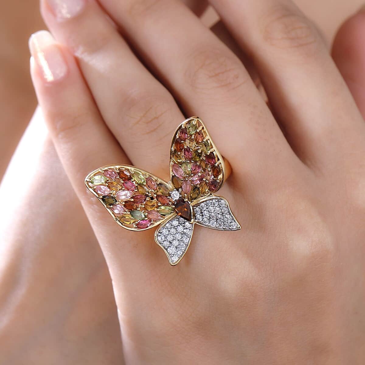 GP Trionfo Collection Multi-Tourmaline and White Zircon 4.70 ctw Butterfly Ring in 18K Vermeil Yellow Gold Over Sterling Silver (Size 6.0) image number 2