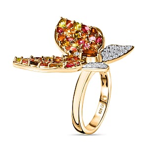 GP Trionfo Collection Multi-Tourmaline and White Zircon 4.70 ctw Butterfly Ring in 18K Vermeil Yellow Gold Over Sterling Silver (Size 6.0)