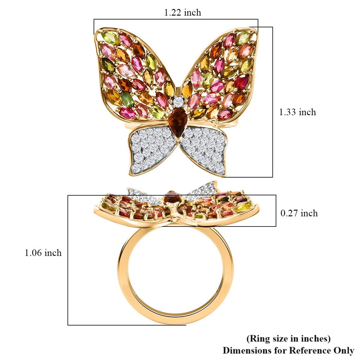 GP Trionfo Collection Multi-Tourmaline and White Zircon 4.70 ctw Butterfly Ring in 18K Vermeil Yellow Gold Over Sterling Silver (Size 6.0) image number 5