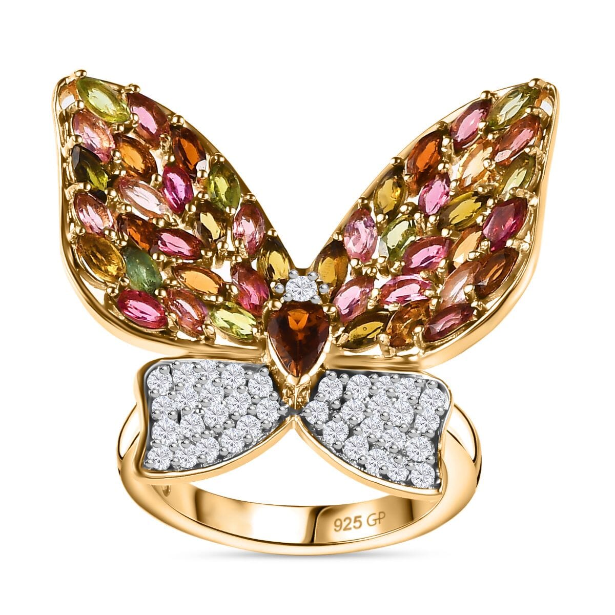 GP Trionfo Collection Multi-Tourmaline and White Zircon 4.70 ctw Butterfly Ring in 18K Vermeil Yellow Gold Over Sterling Silver (Size 9.0) image number 0