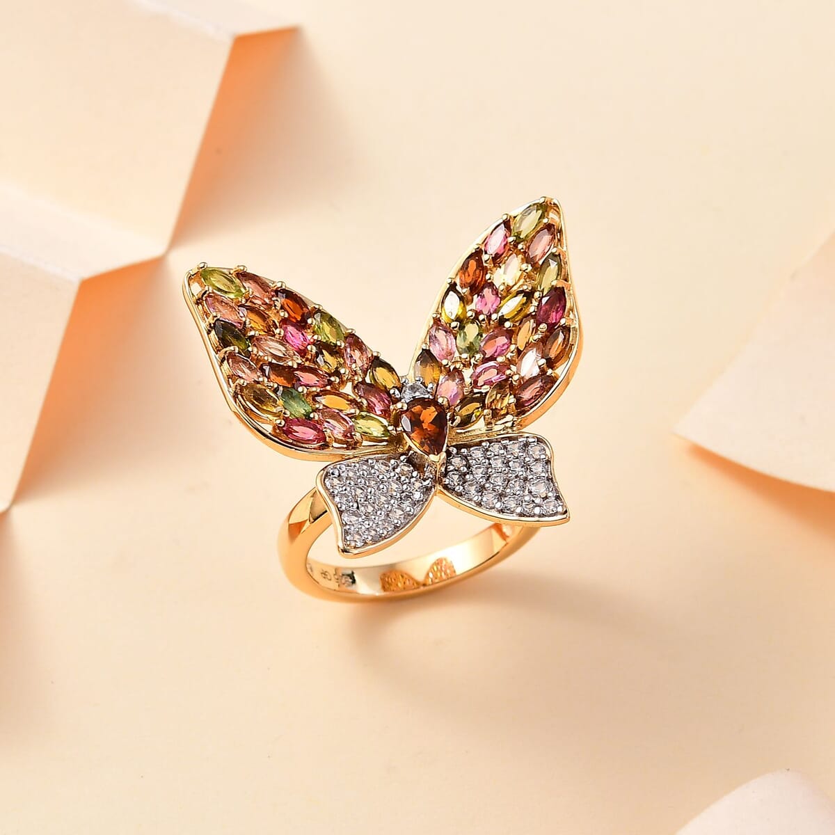 GP Trionfo Collection Multi-Tourmaline and White Zircon 4.70 ctw Butterfly Ring in 18K Vermeil Yellow Gold Over Sterling Silver (Size 9.0) image number 1