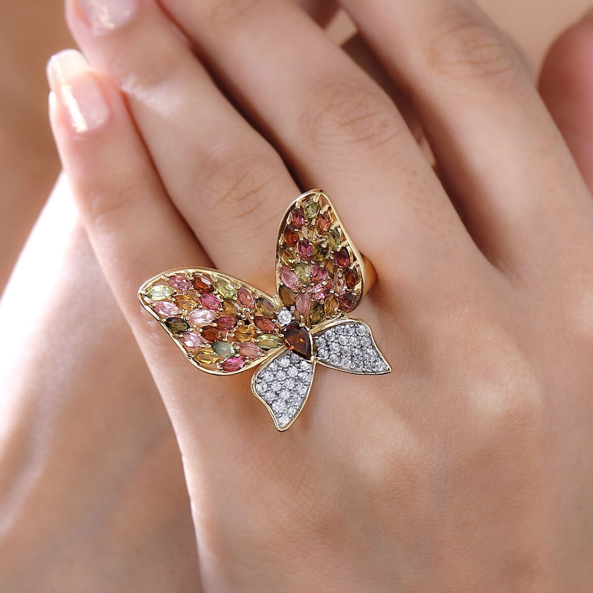 GP Trionfo Collection Multi-Tourmaline and White Zircon 4.70 ctw Butterfly Ring in 18K Vermeil Yellow Gold Over Sterling Silver (Size 9.0) image number 2