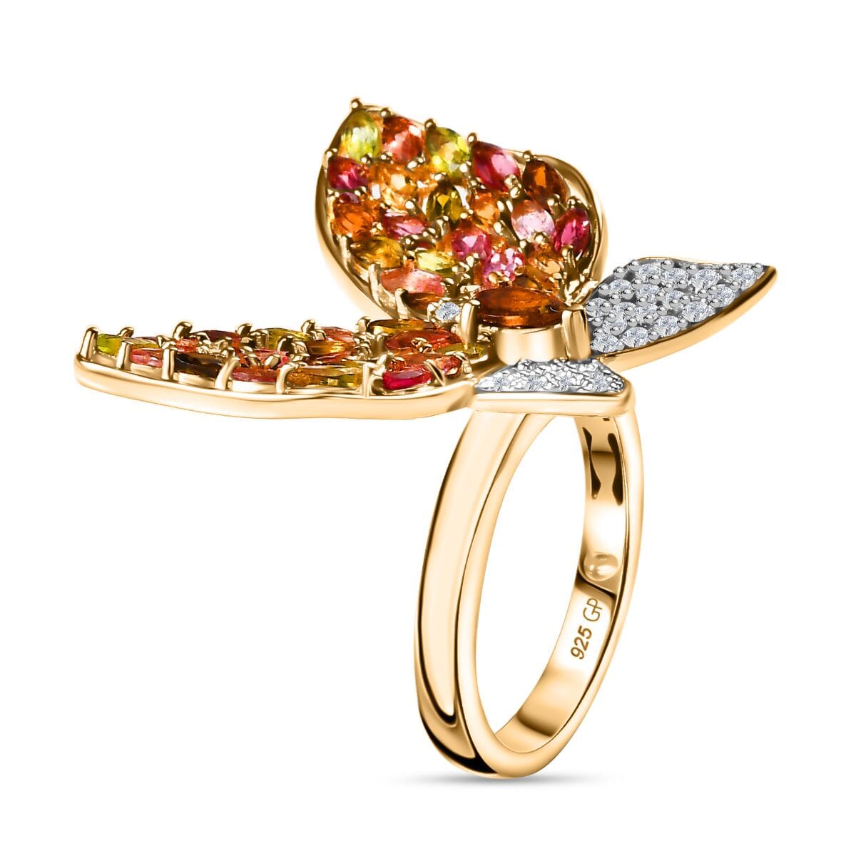 GP Trionfo Collection Multi-Tourmaline and White Zircon 4.70 ctw Butterfly Ring in 18K Vermeil Yellow Gold Over Sterling Silver (Size 9.0) image number 3