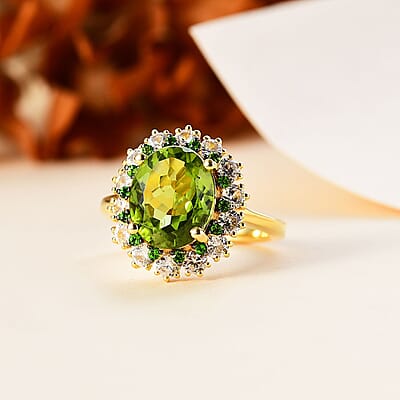 Hebei Peridot and Multi Gemstone 5.15 ctw Chrysanthemum Flower Ring in 18K Vermeil Yellow Gold Over Sterling Silver (Size 10.0)