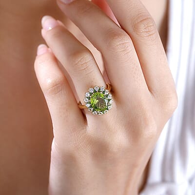 Hebei Peridot and Multi Gemstone 5.15 ctw Chrysanthemum Flower Ring in 18K Vermeil Yellow Gold Over Sterling Silver (Size 10.0)