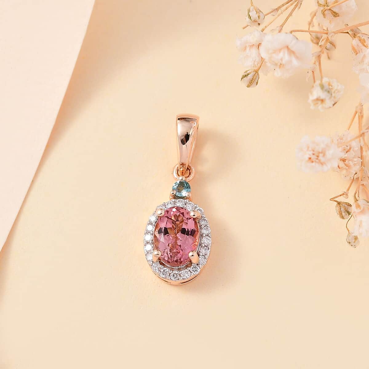 Premium Blush Tourmaline, Lagoon Tourmaline and G-H I2 Diamond 1.00 ctw Heart Pendant in 10K Rose Gold image number 1