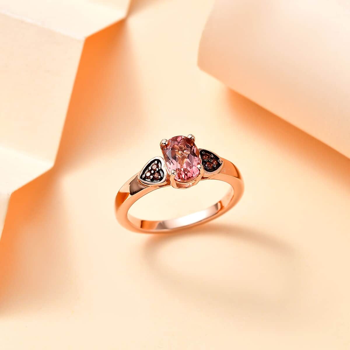 Premium Blush Tourmaline, Brown Zircon Heart Ring in 18K Vermeil RG Over Sterling Silver (Size 10.0) 0.90 ctw image number 1