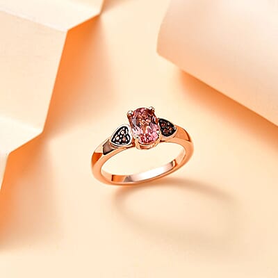 Premium Blush Tourmaline and Brown Zircon 0.90 ctw Heart Ring in 18K Vermeil Rose Gold Over Sterling Silver (Size 10.0)