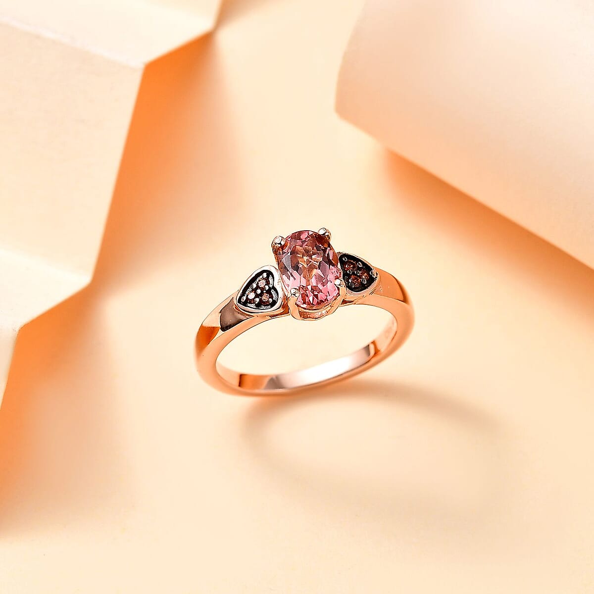 Premium Blush Tourmaline and Brown Zircon 0.90 ctw Heart Ring in 18K Vermeil Rose Gold Over Sterling Silver (Size 7.0) image number 1