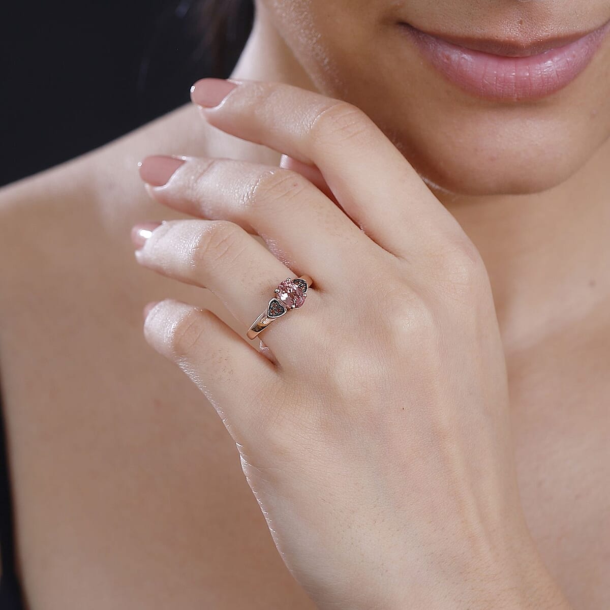 Premium Blush Tourmaline and Brown Zircon 0.90 ctw Heart Ring in 18K Vermeil Rose Gold Over Sterling Silver (Size 7.0) image number 2