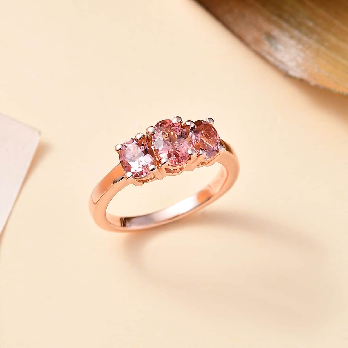 Premium Blush Tourmaline 1.35 ctw 3 Stone Ring in 18K Vermeil Rose Gold Over Sterling Silver image number 1