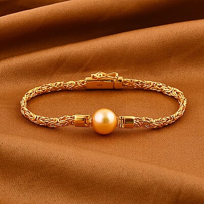 Bali Legacy South Sea Golden Cultured Pearl and Lab Grown Diamond Bracelet in 22K Vermeil Yellow Gold Over Sterling Silver (6.50 In)