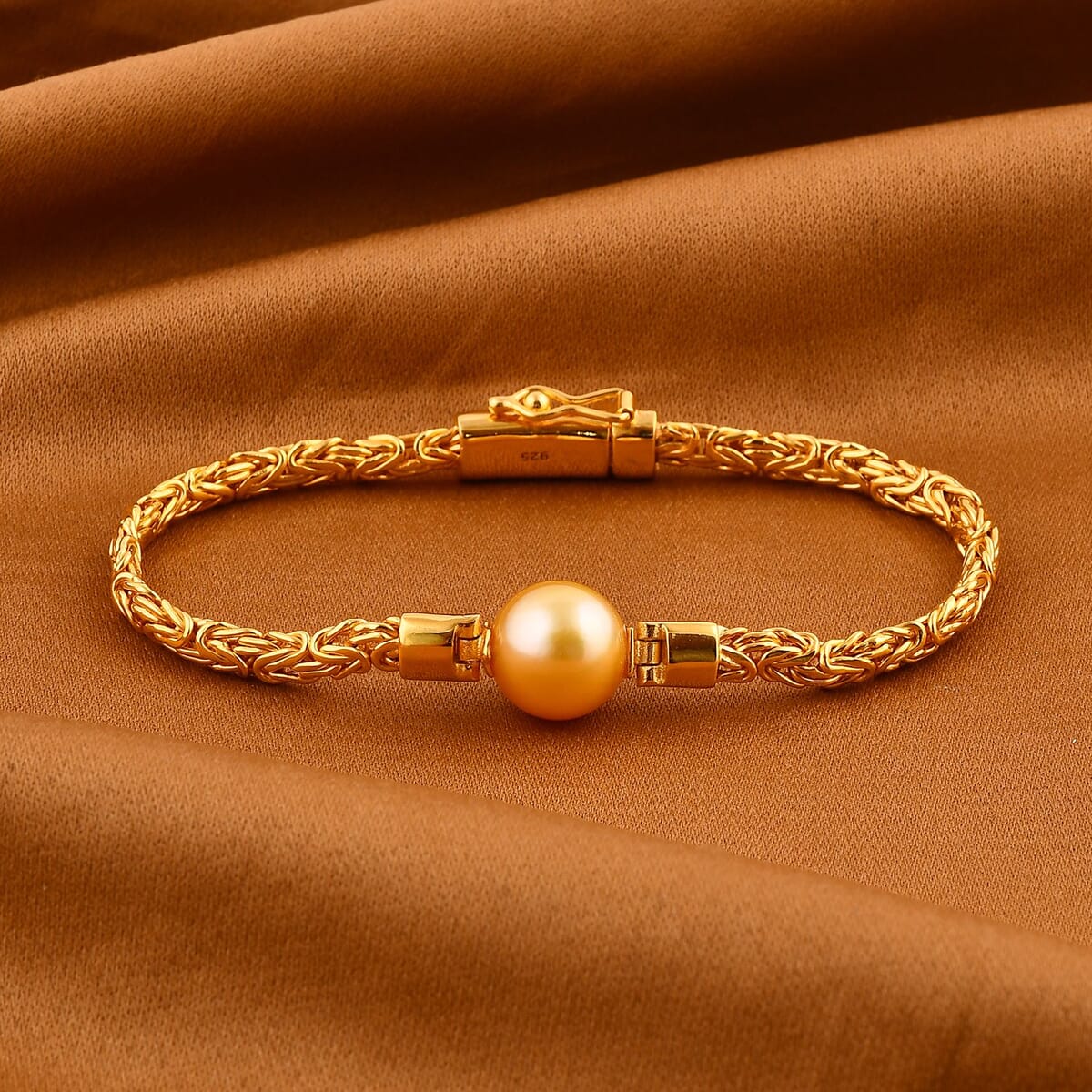 Bali Legacy South Sea Golden Cultured Pearl and Lab Grown Diamond Bracelet in 22K Vermeil Yellow Gold Over Sterling Silver (8.00 In) image number 1