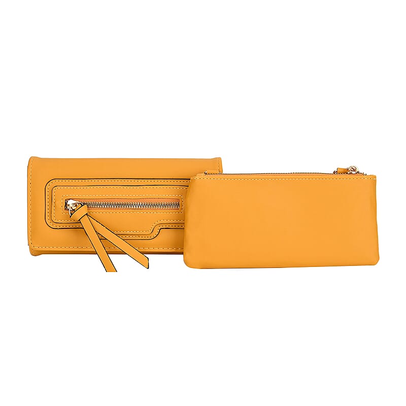 2-in-1 Yellow Faux Leather Bifold Wallet Style Crossbody Bag with Shoulder Strap