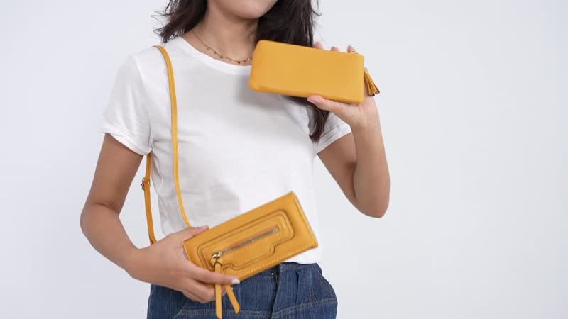 2-in-1 Yellow Faux Leather Crossbody Bag (7.5"x1.4"x4.1") with Shoulder Strap (51")