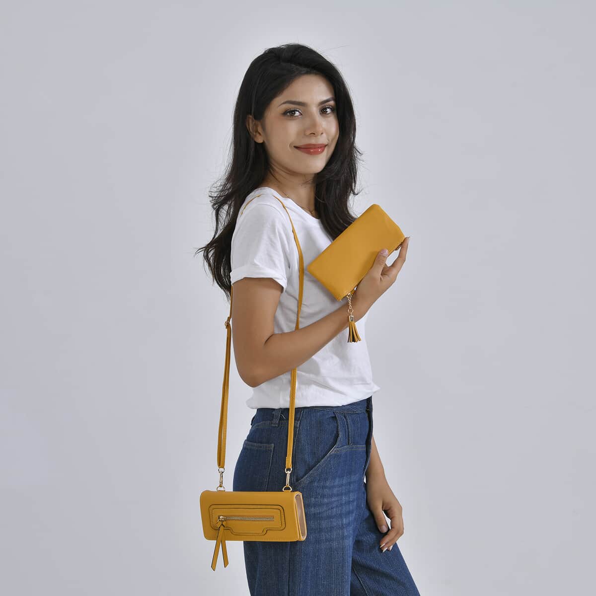 2-in-1 Yellow Faux Leather Bifold Wallet Style Crossbody Bag with Shoulder Strap image number 1