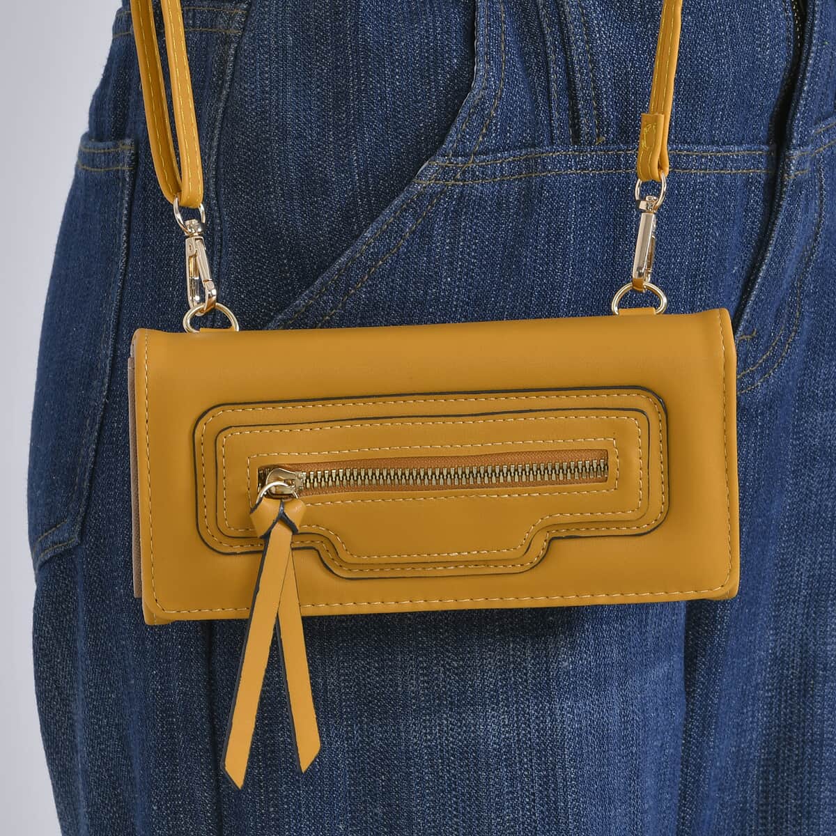 2-in-1 Yellow Faux Leather Bifold Wallet Style Crossbody Bag with Shoulder Strap image number 2