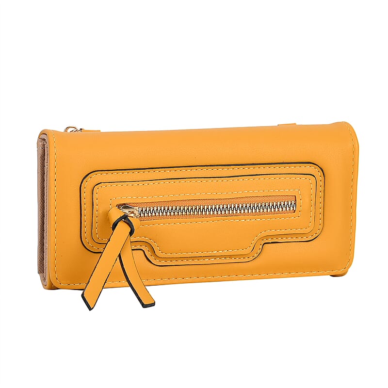 2-in-1 Yellow Faux Leather Bifold Wallet Style Crossbody Bag with Shoulder Strap