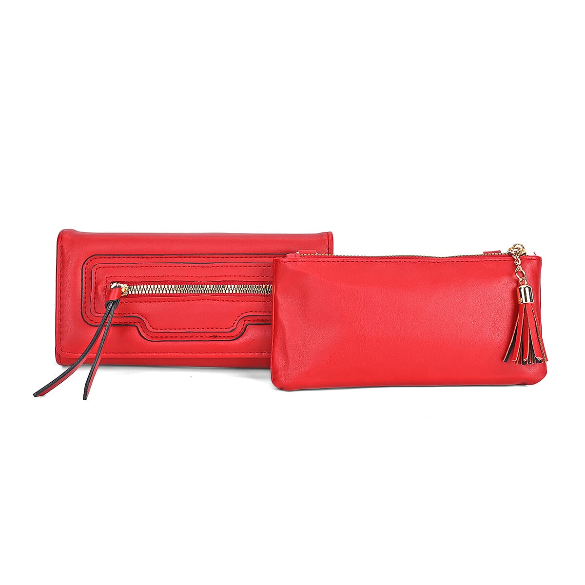 2-in-1 Red Faux Leather Bifold Wallet Style Crossbody Bag with Shoulder Strap image number 0