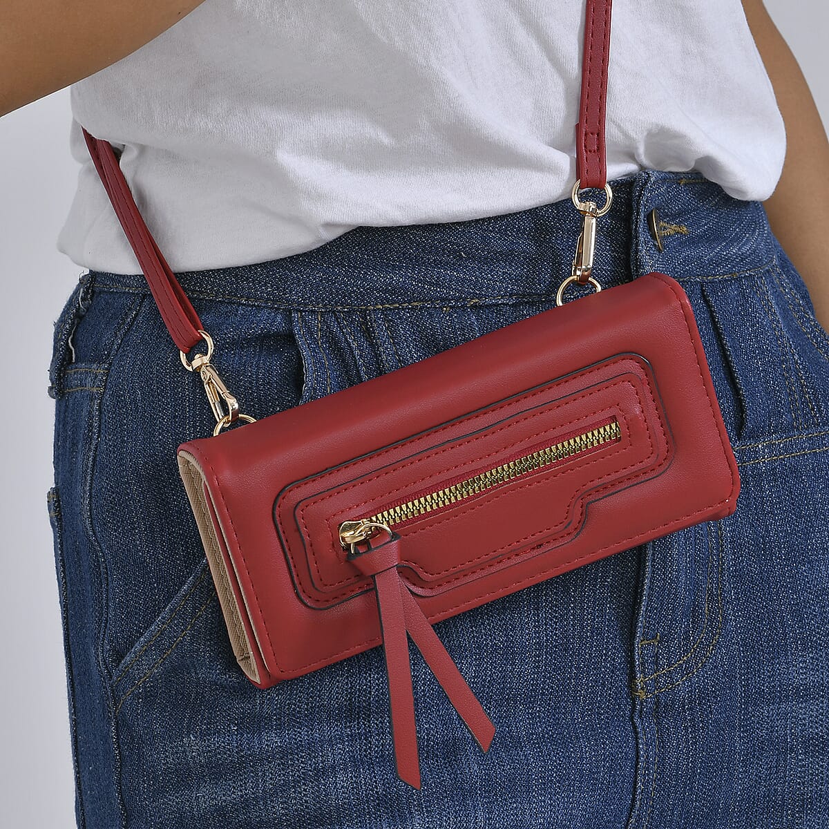 2-in-1 Red Faux Leather Bifold Wallet Style Crossbody Bag with Shoulder Strap image number 2