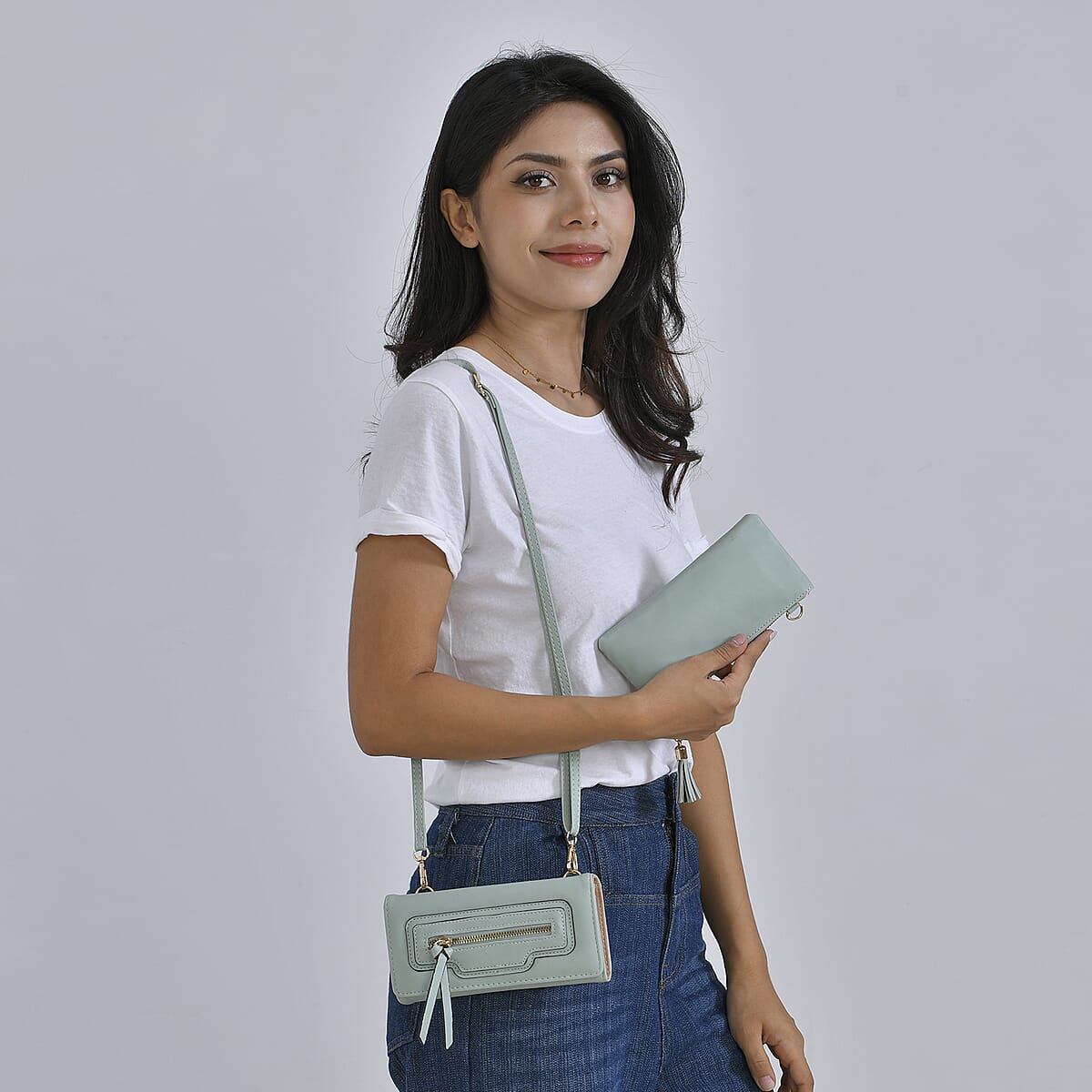 2-in-1 Olive Faux Leather Bifold Wallet Style Crossbody Bag with Shoulder Strap image number 1