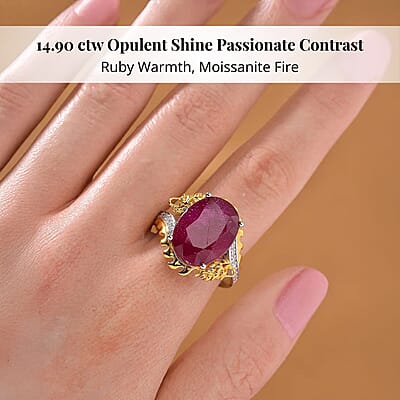 Niassa Ruby (FF) and Moissanite 14.90 ctw Dragon Ring in 18K Vermeil YG and Rhodium Sterling Silver (Size 10.0)