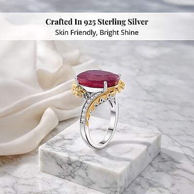 Niassa Ruby (FF) and Moissanite 14.90 ctw Dragon Ring in 18K Vermeil YG and Rhodium Sterling Silver (Size 10.0)