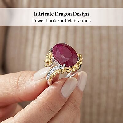 Niassa Ruby (FF) and Moissanite 14.90 ctw Dragon Ring in 18K Vermeil YG and Rhodium Sterling Silver (Size 10.0)