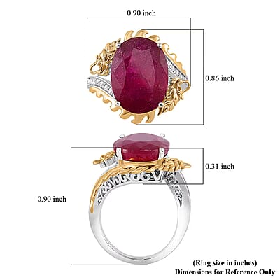 Niassa Ruby (FF) and Moissanite 14.90 ctw Dragon Ring in 18K Vermeil YG and Rhodium Sterling Silver (Size 10.0)