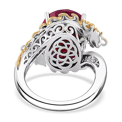 Niassa Ruby (FF) and Moissanite 14.90 ctw Dragon Ring in 18K Vermeil YG and Rhodium Sterling Silver (Size 10.0)