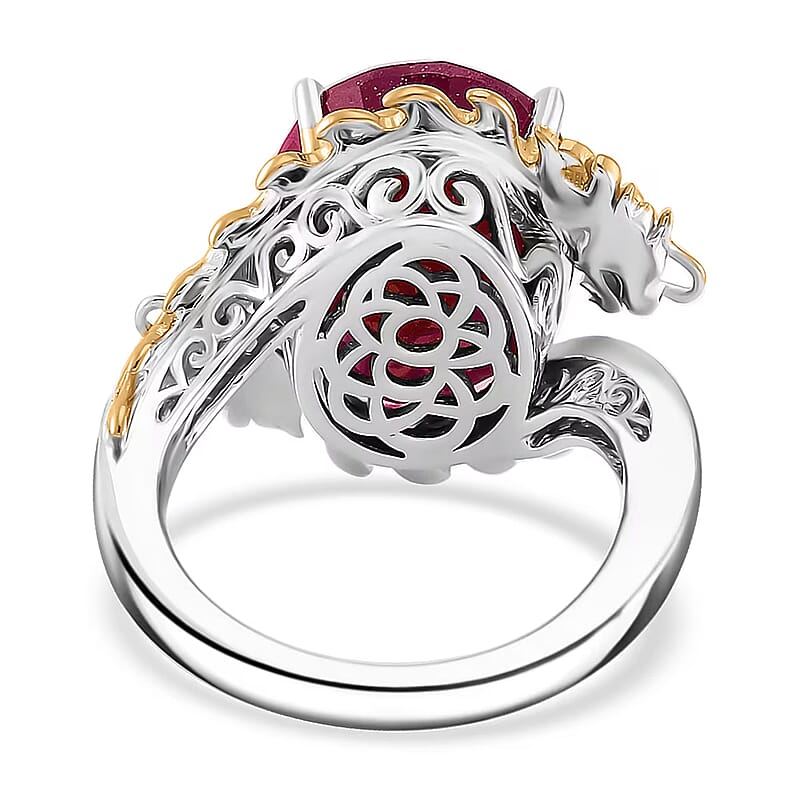 Niassa Ruby (FF) and Moissanite 14.90 ctw Dragon Ring in 18K Vermeil YG and Rhodium Sterling Silver (Size 10.0)