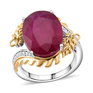 Niassa Ruby (FF) and Moissanite 14.90 ctw Dragon Ring in 18K Vermeil YG and Rhodium Sterling Silver (Size 6.0)