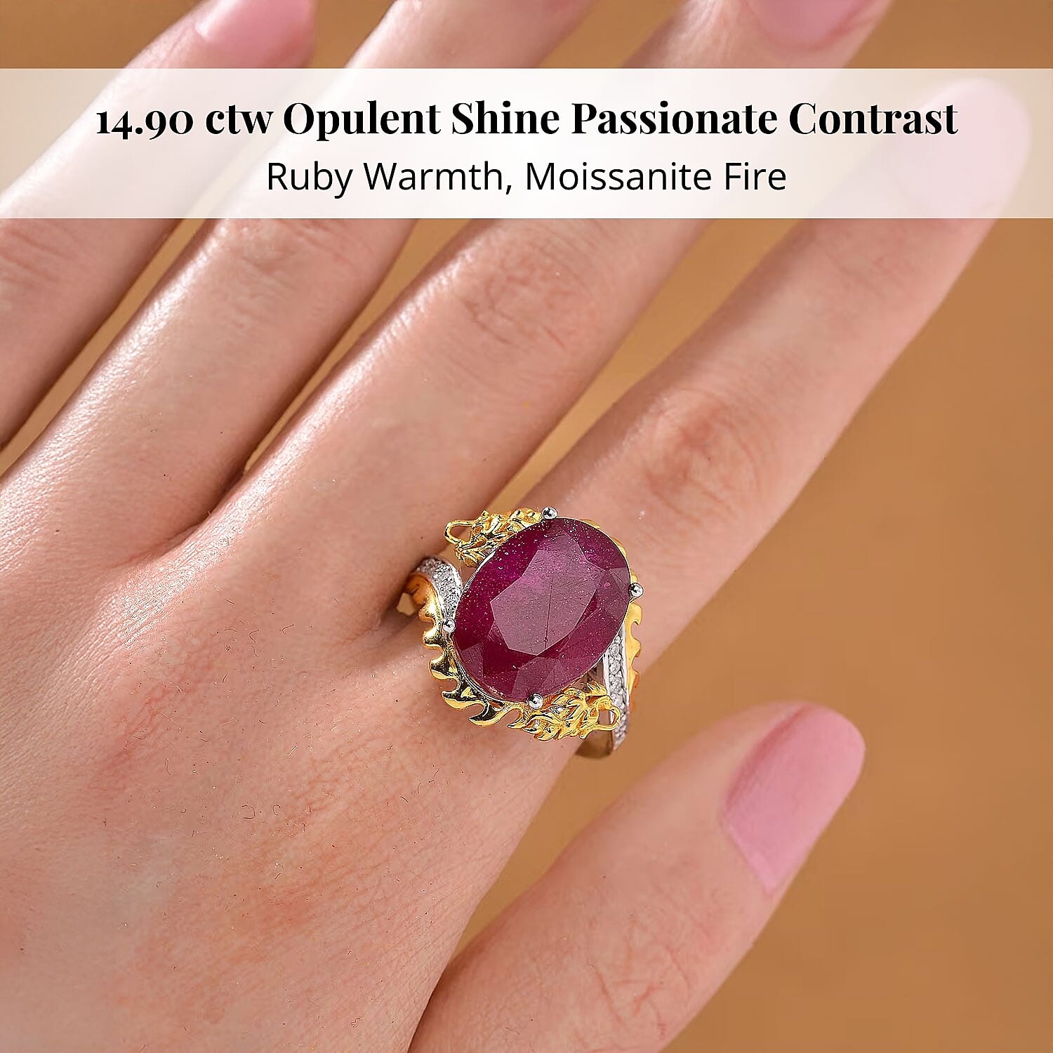 Niassa Ruby (FF) and Moissanite 14.90 ctw Dragon Ring in 18K Vermeil YG and Rhodium Sterling Silver (Size 6.0)