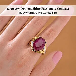 Niassa Ruby (FF) and Moissanite 14.90 ctw Dragon Ring in 18K Vermeil YG and Rhodium Sterling Silver (Size 6.0)