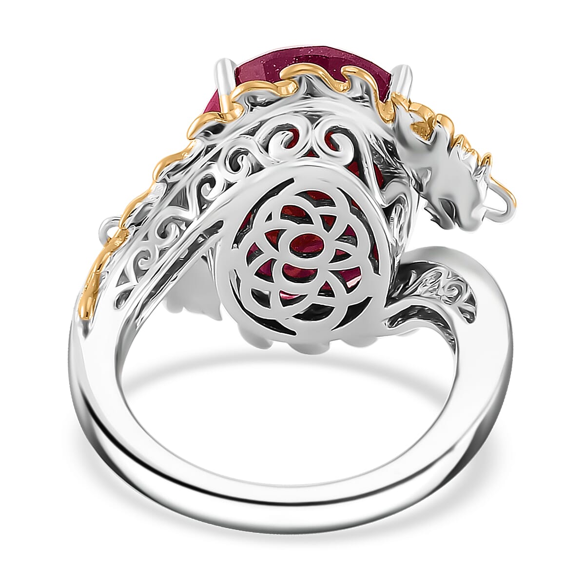 Niassa Ruby (FF) and Moissanite 14.90 ctw Dragon Ring in 18K Vermeil YG and Rhodium Sterling Silver (Size 6.0) image number 3