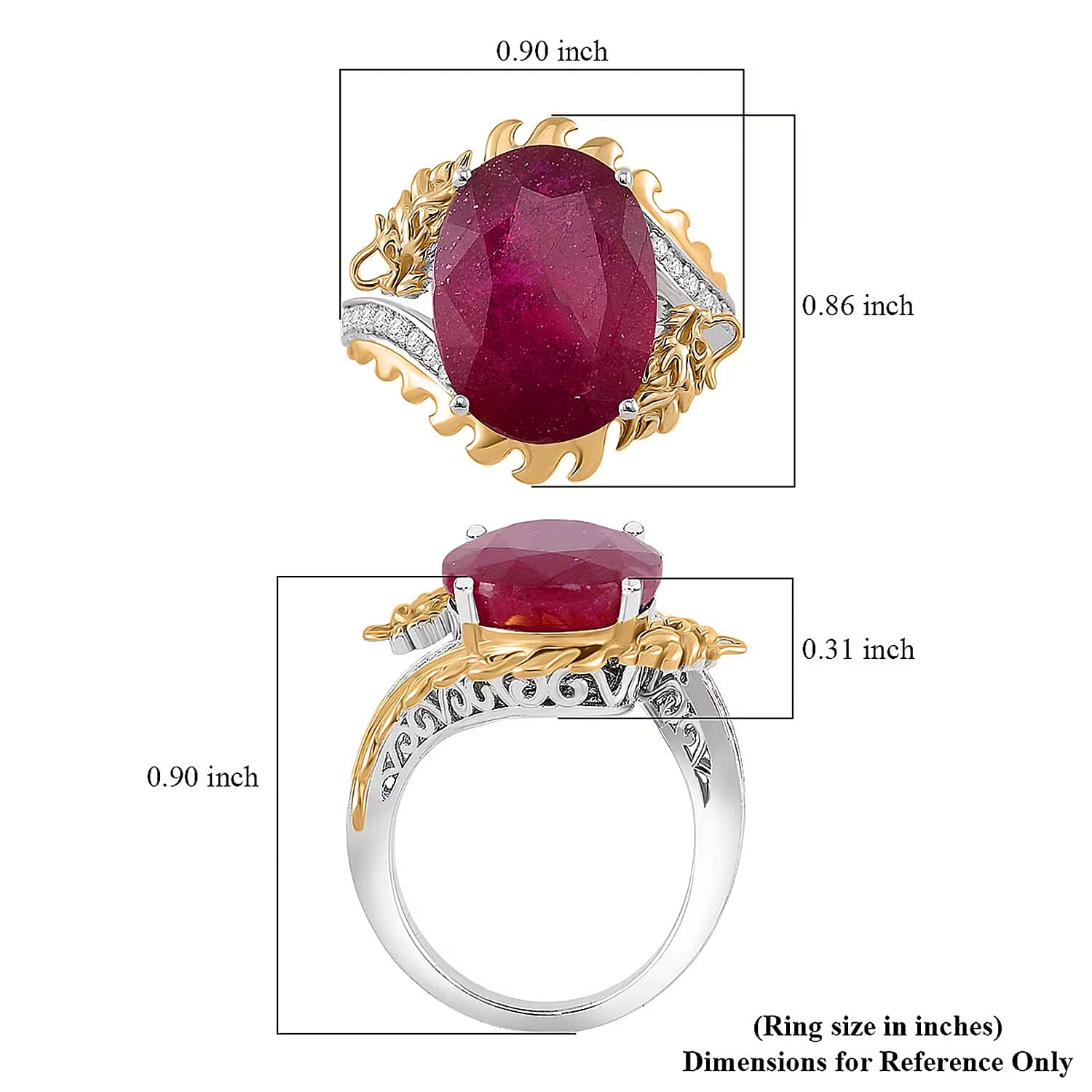 Niassa Ruby (FF) and Moissanite 14.90 ctw Dragon Ring in 18K Vermeil YG and Rhodium Sterling Silver (Size 6.0)