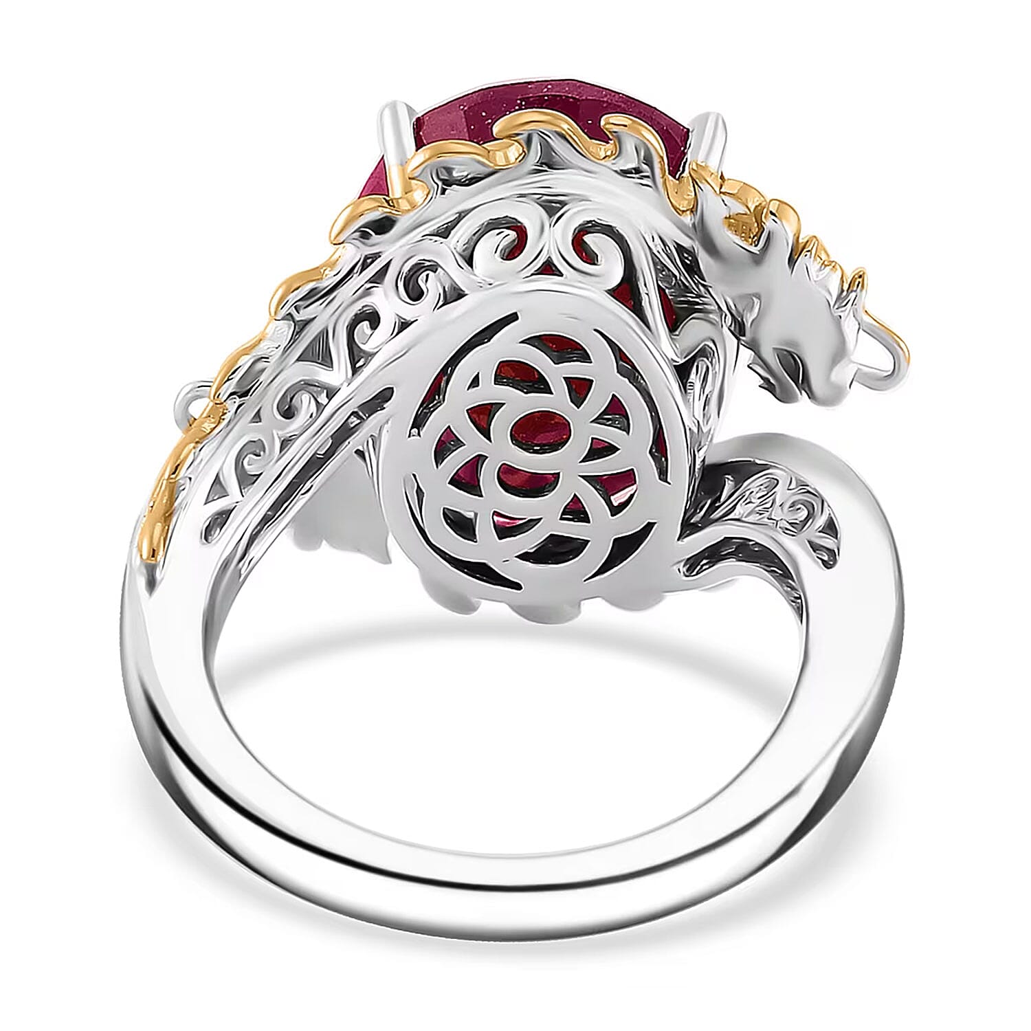 Niassa Ruby (FF) and Moissanite 14.90 ctw Dragon Ring in 18K Vermeil YG and Rhodium Sterling Silver (Size 6.0)