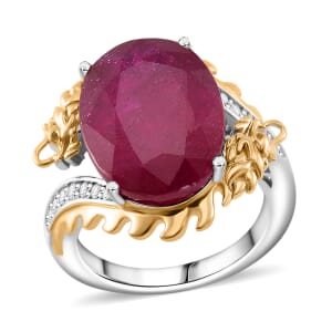Niassa Ruby (FF) and Moissanite 14.90 ctw Dragon Ring in 18K Vermeil YG and Rhodium Sterling Silver (Size 8.0)