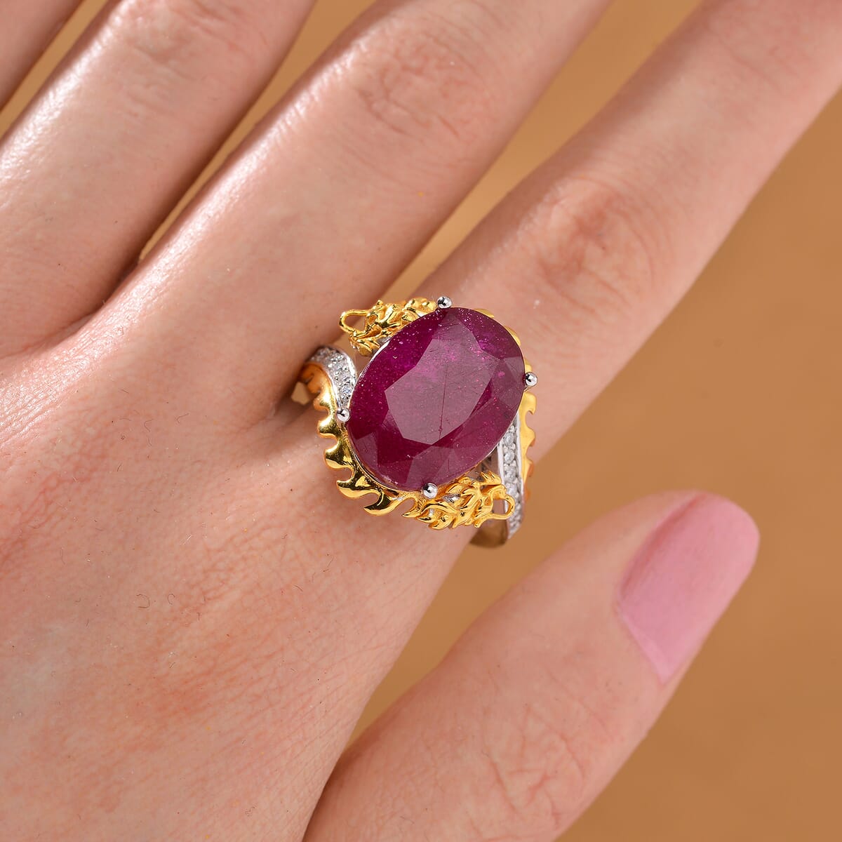 Niassa Ruby (FF) and Moissanite 14.90 ctw Dragon Ring in 18K Vermeil YG and Rhodium Sterling Silver (Size 8.0) image number 1