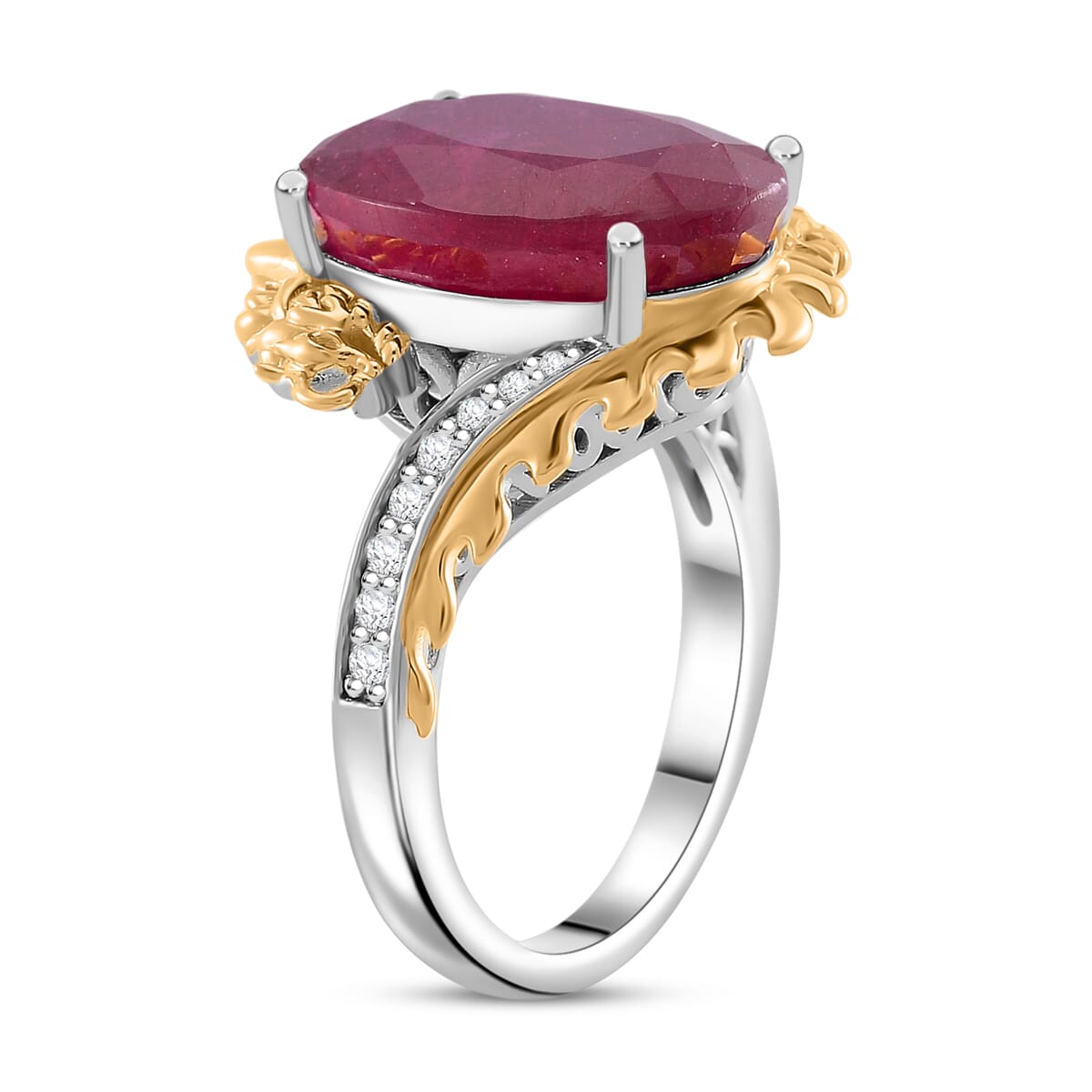 Niassa Ruby (FF) and Moissanite 14.90 ctw Dragon Ring in 18K Vermeil YG and Rhodium Sterling Silver (Size 8.0) image number 2