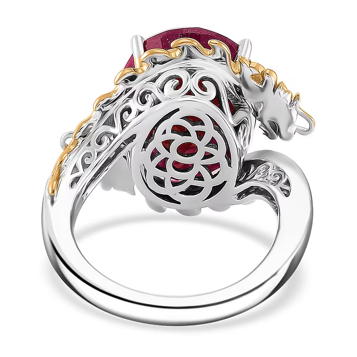 Niassa Ruby (FF) and Moissanite 14.90 ctw Double Dragon Ring in 18K Vermeil YG and Rhodium Sterling Silver (Size 8.0) image number 6