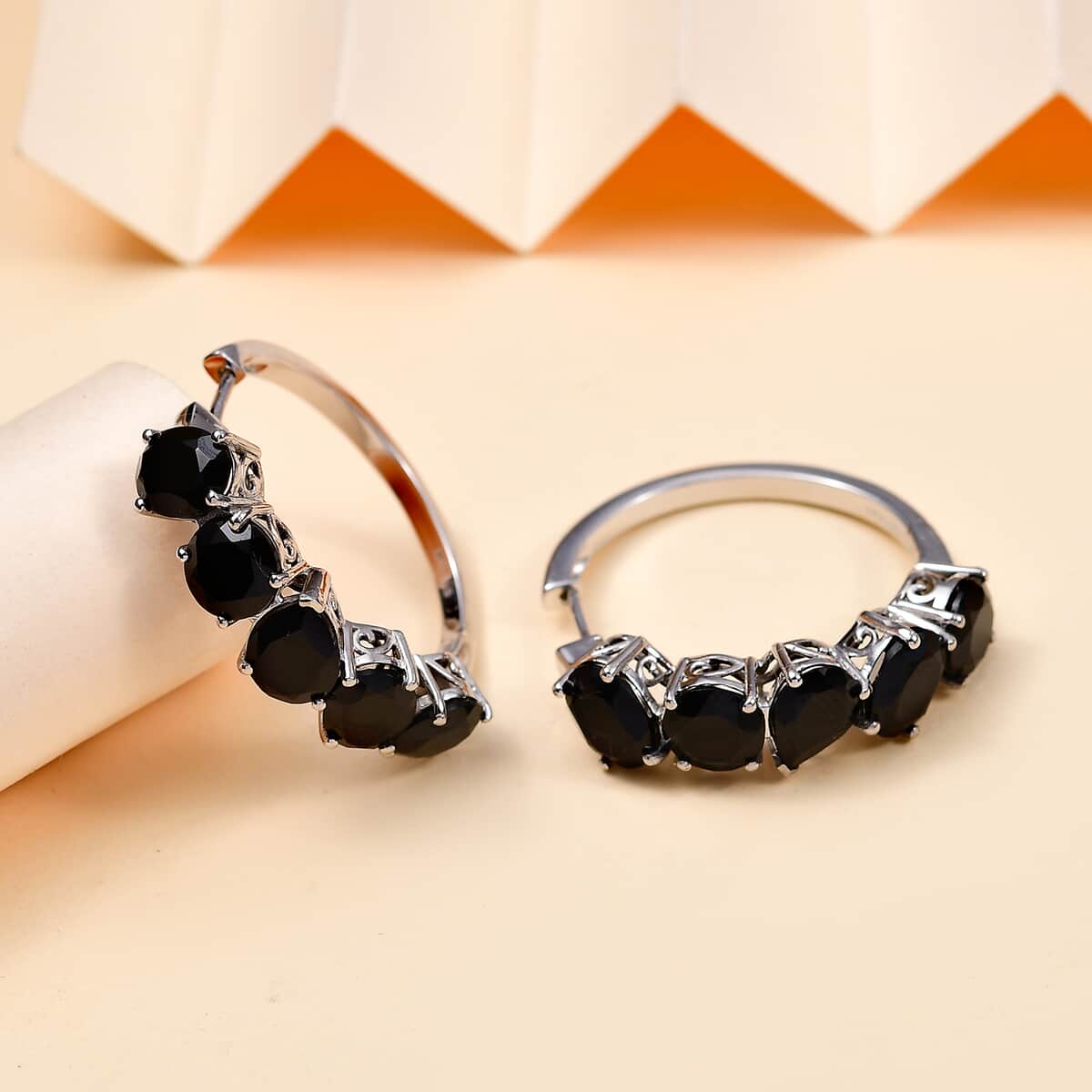 Ankur Treasure Chest Karis Thai Black Spinel 23.50 ctw Hoop Earrings in Platinum Bond image number 1