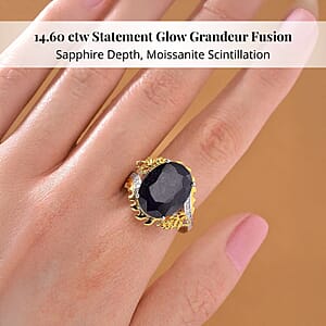 Masoala Sapphire (D) and Moissanite 14.60 ctw Double Dragon Ring in 18K Vermeil YG and Rhodium Sterling Silver (Size 10.0)