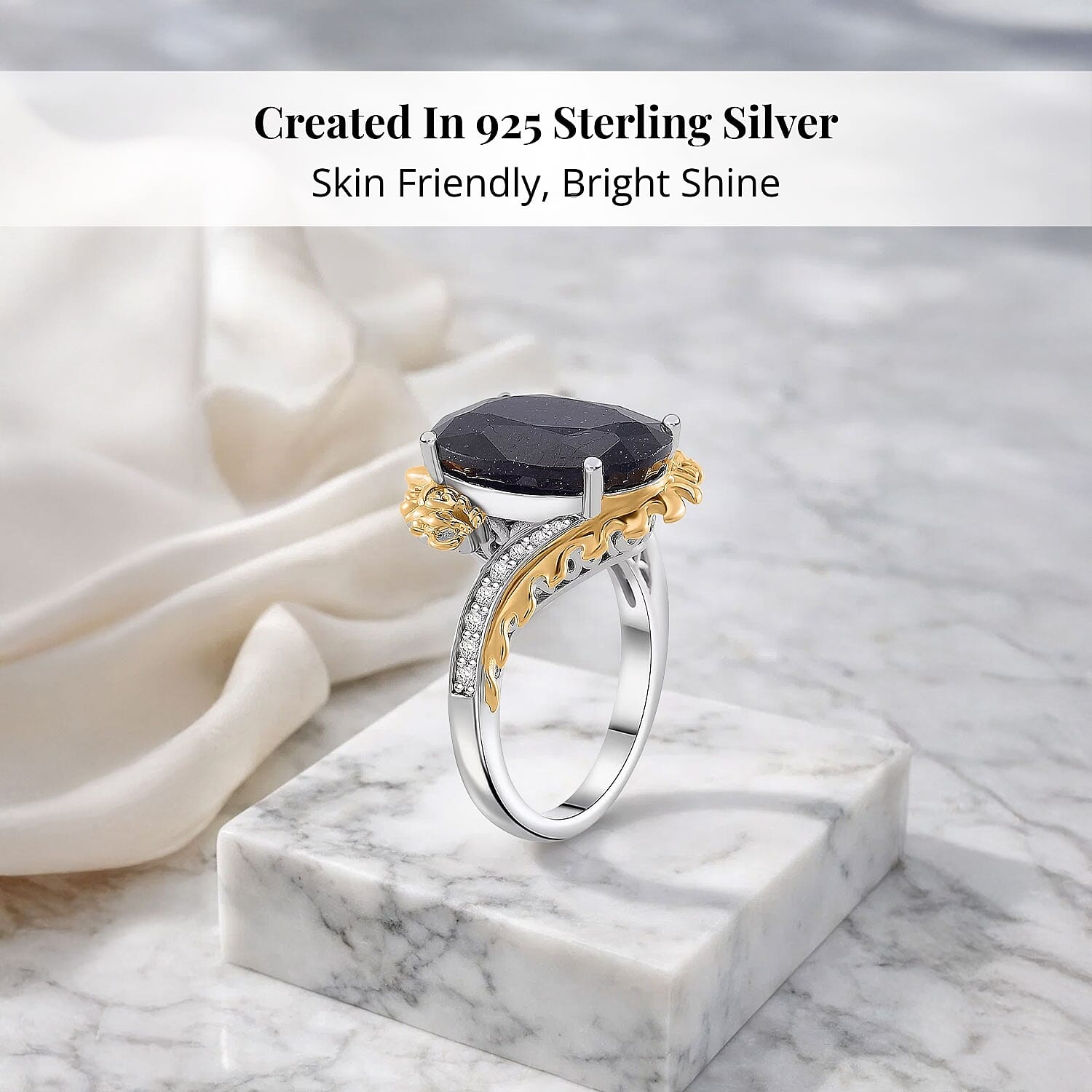 Masoala Sapphire (D) and Moissanite 14.60 ctw Double Dragon Ring in 18K Vermeil YG and Rhodium Sterling Silver (Size 6.0)
