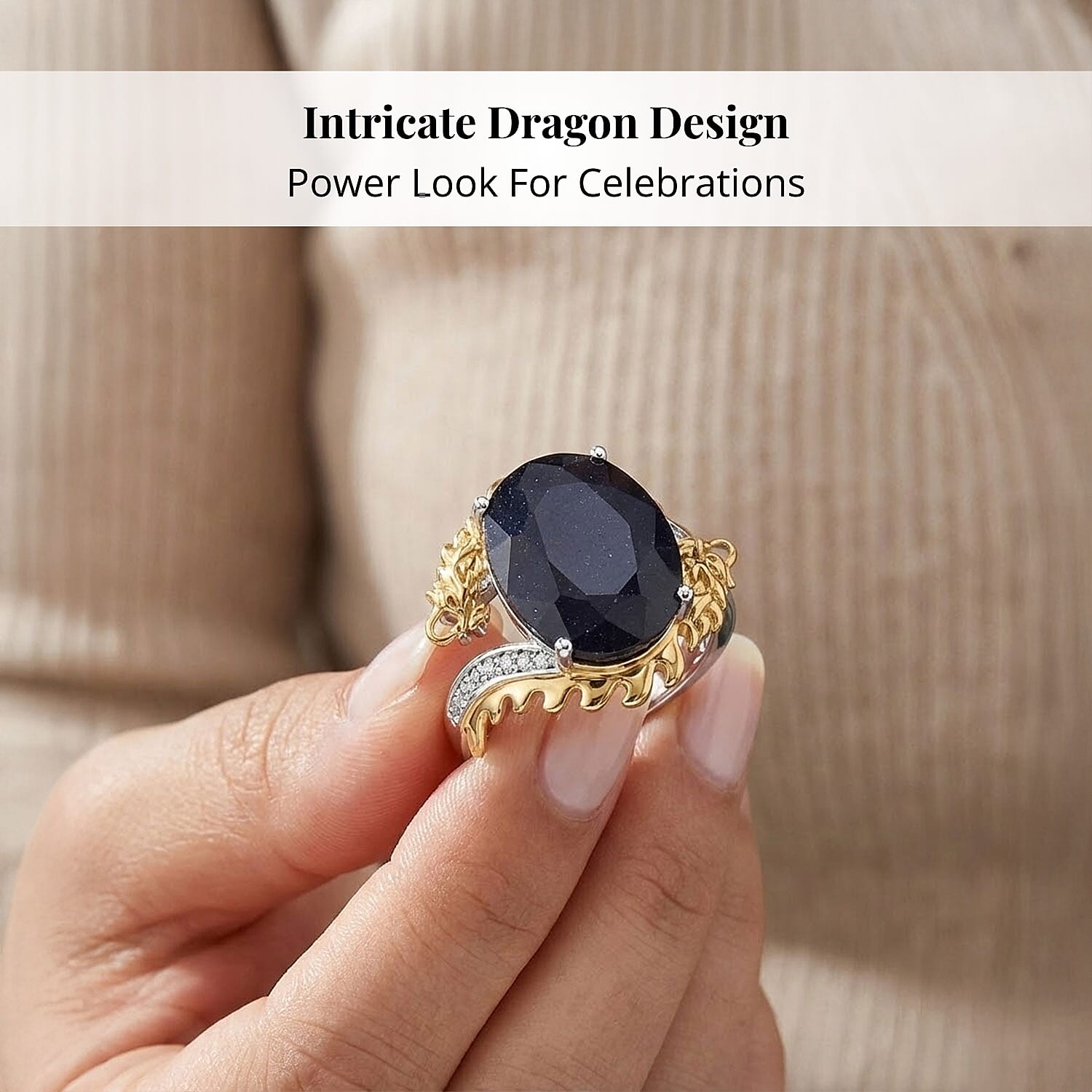 Masoala Sapphire (D) and Moissanite 14.60 ctw Double Dragon Ring in 18K Vermeil YG and Rhodium Sterling Silver (Size 6.0)