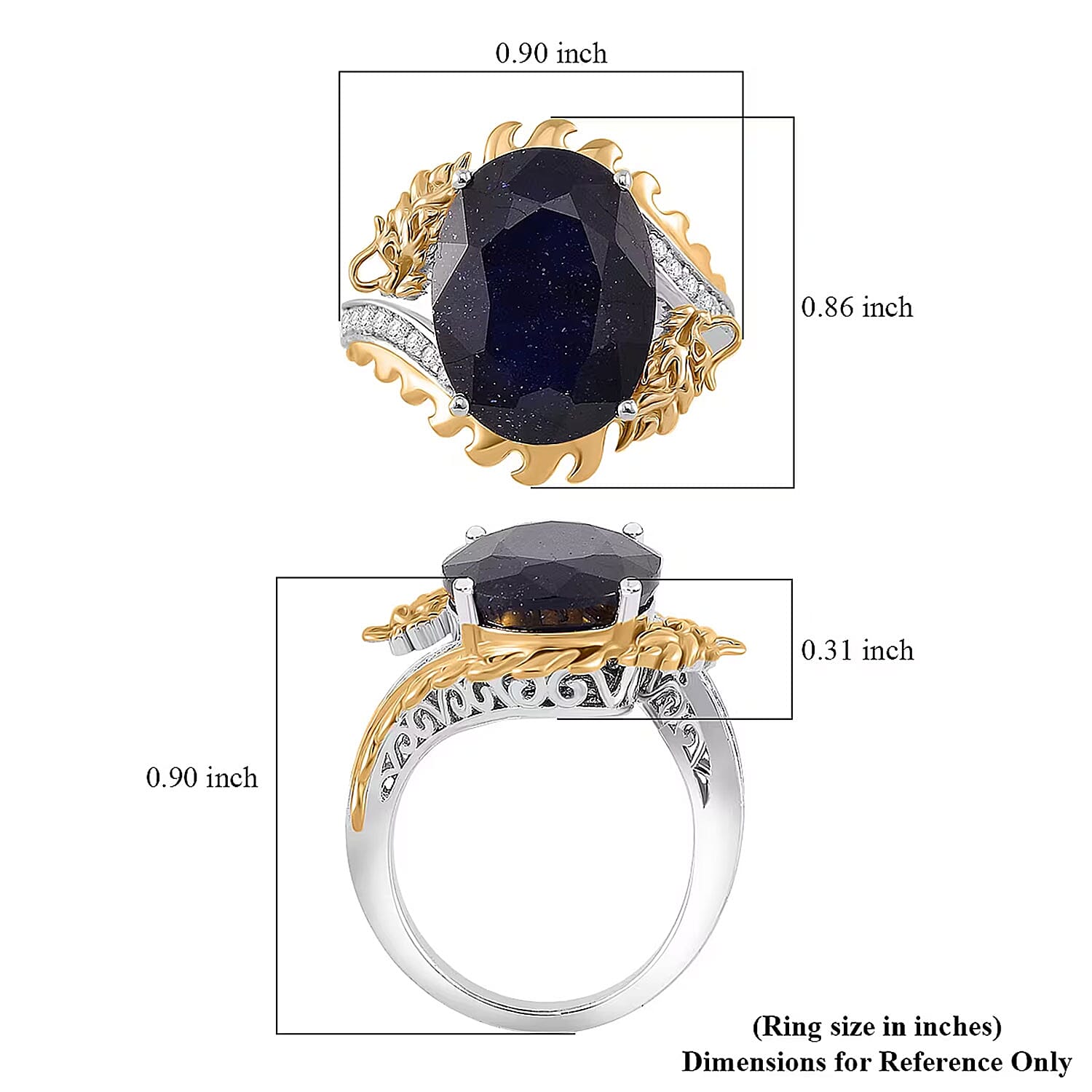 Masoala Sapphire (D) and Moissanite 14.60 ctw Double Dragon Ring in 18K Vermeil YG and Rhodium Sterling Silver (Size 6.0)