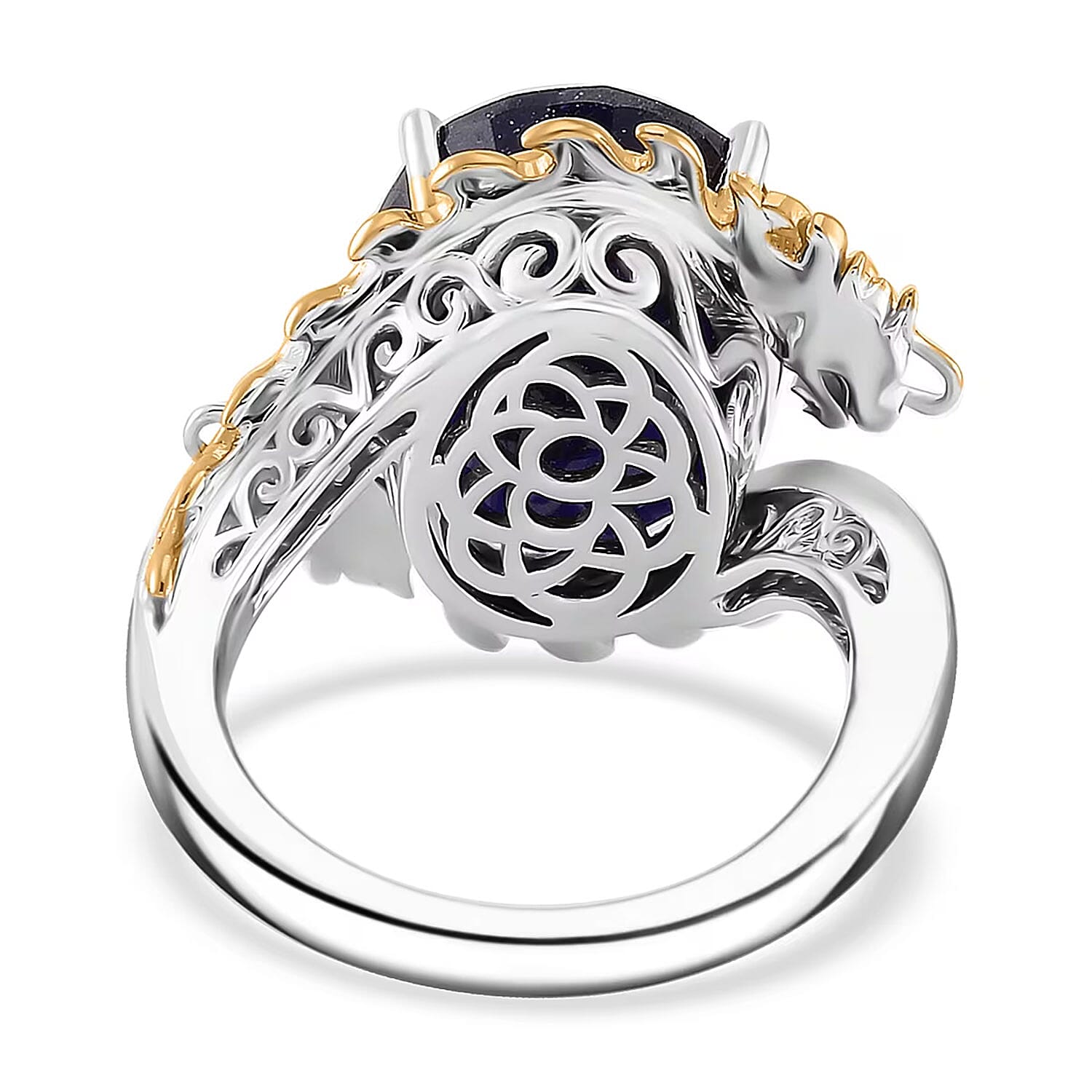 Masoala Sapphire (D) and Moissanite 14.60 ctw Double Dragon Ring in 18K Vermeil YG and Rhodium Sterling Silver (Size 6.0)