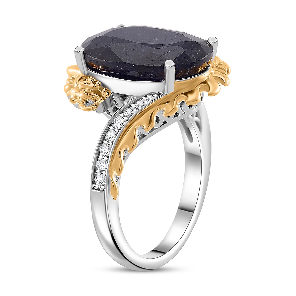 Masoala Sapphire (D) and Moissanite 14.60 ctw Double Dragon Ring in 18K Vermeil YG and Rhodium Sterling Silver (Size 8.0) image number 2