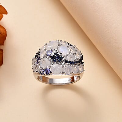 Premium Moon Glow Moonstone and Multi Gemstone 4.20 ctw Shooting Star Ring in Rhodium Over Sterling Silver (Size 10.0)