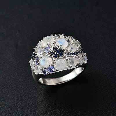 Premium Moon Glow Moonstone and Multi Gemstone 4.20 ctw Shooting Star Ring in Rhodium Over Sterling Silver (Size 10.0)
